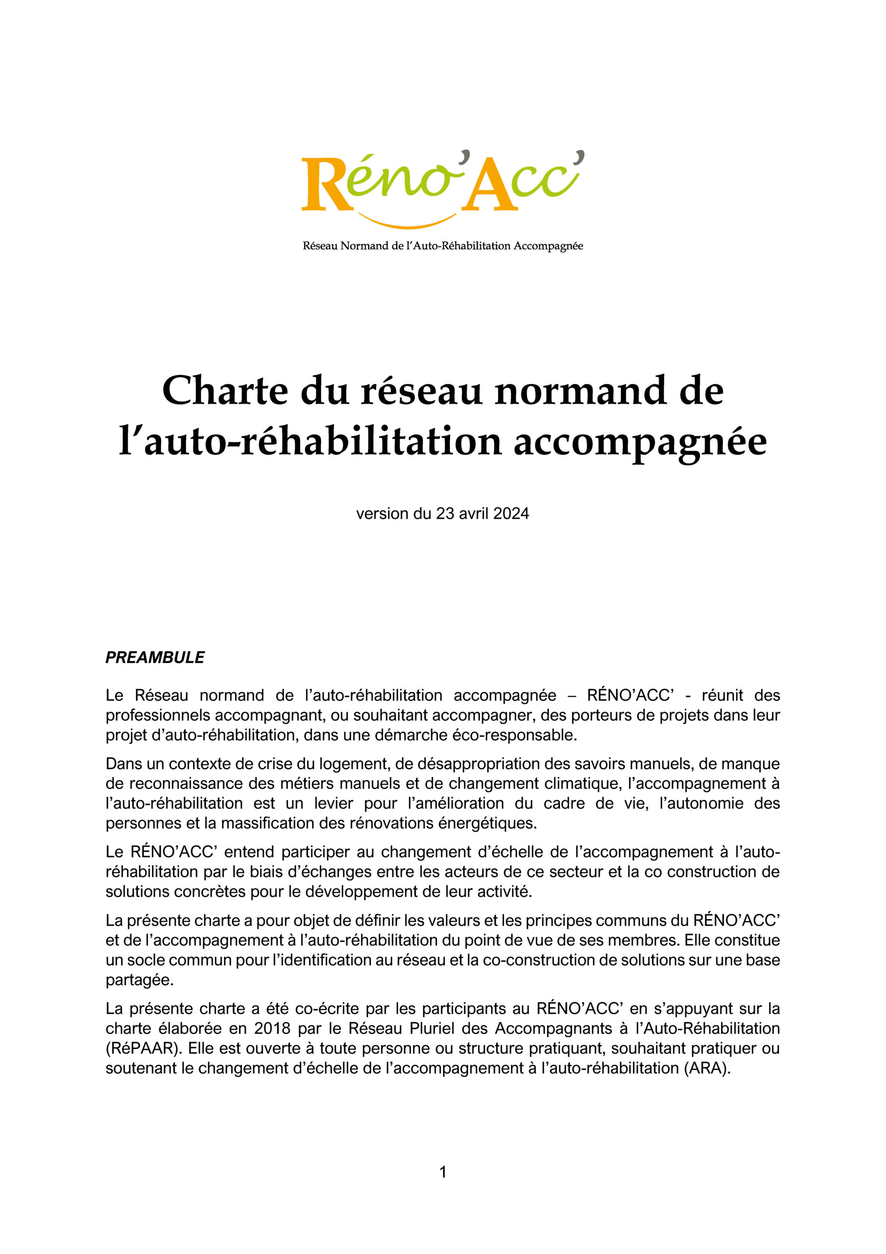 La charte du Réno’Acc’